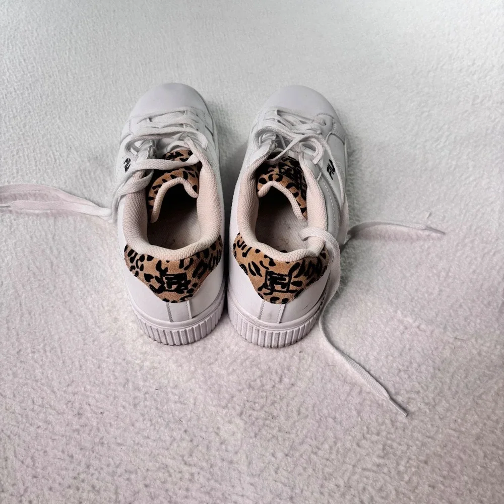FILA Platform Sneakers Womens 9.5 White Leopard Print Heel Lace Up Casual Shoes